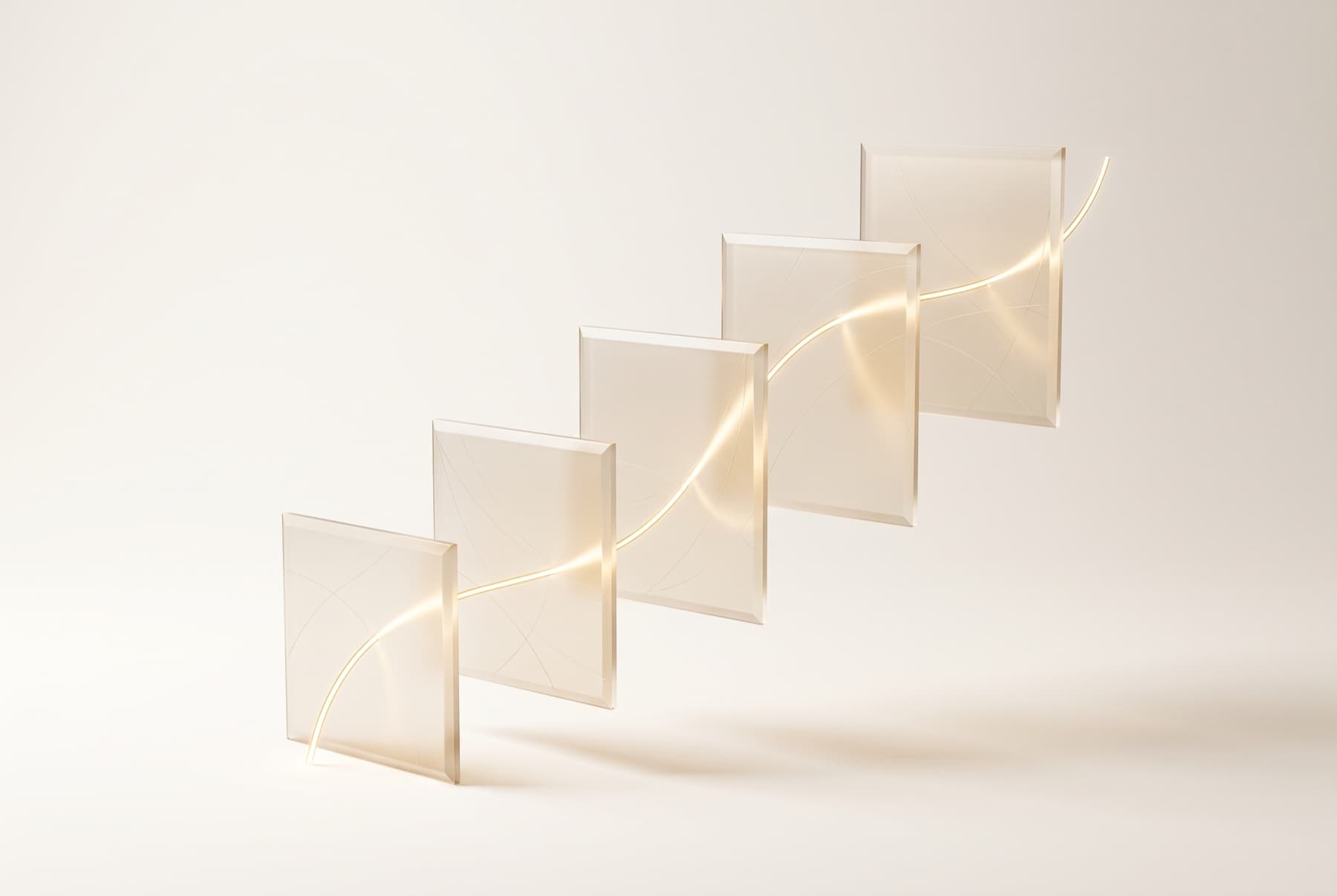 Cinq panneaux de verre reliés par un fil de lumière dorée — les cinq étapes du parcours BAI Workflow